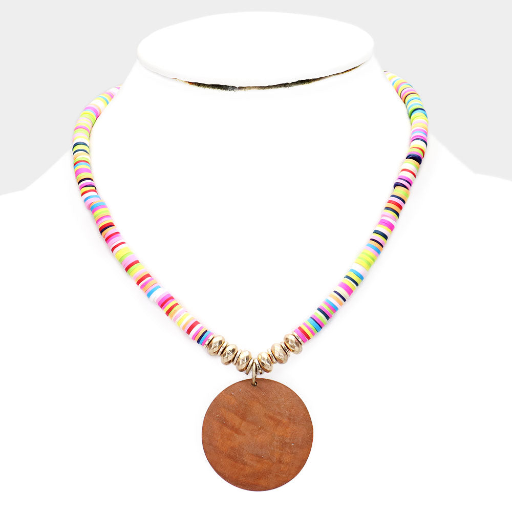 Gold Round Wood Pendant disc Bead Necklace