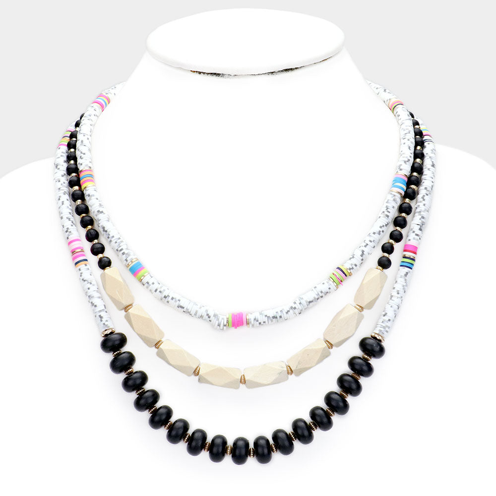 White Colorful Disc Bead Wood Layered Necklace