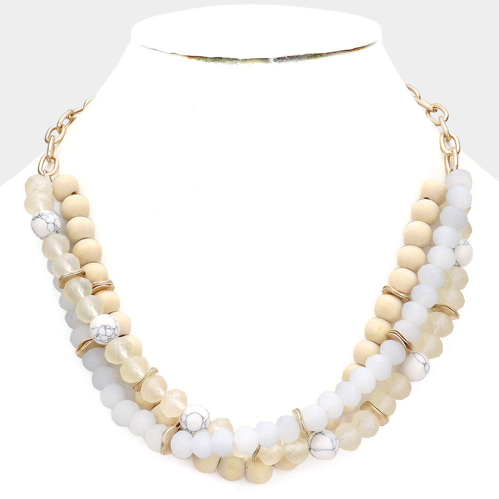 White Natural Stone Wood Faceted Beaded Triple Layered Necklace