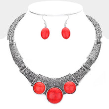 Load image into Gallery viewer, Silver Antique Metal Natural Stone Accented Filigree Collar Necklace
