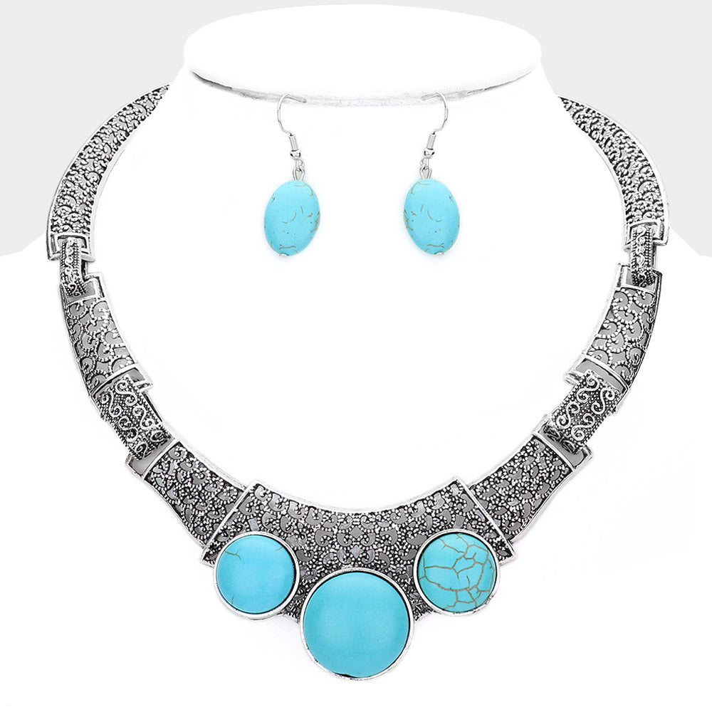 Turquoise Antique Metal Natural Stone Accented Filigree Collar Necklace