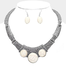 Load image into Gallery viewer, White Antique Metal Natural Stone Accented Filigree Collar Necklace
