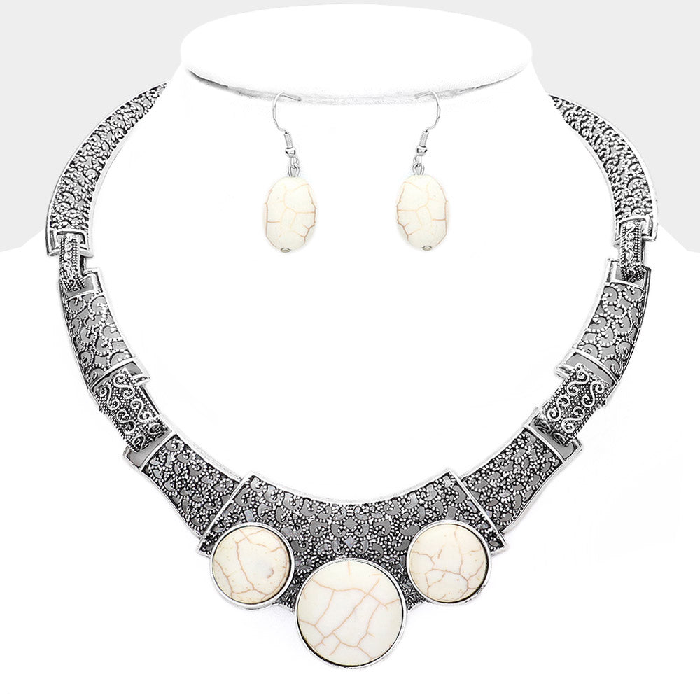 White Antique Metal Natural Stone Accented Filigree Collar Necklace