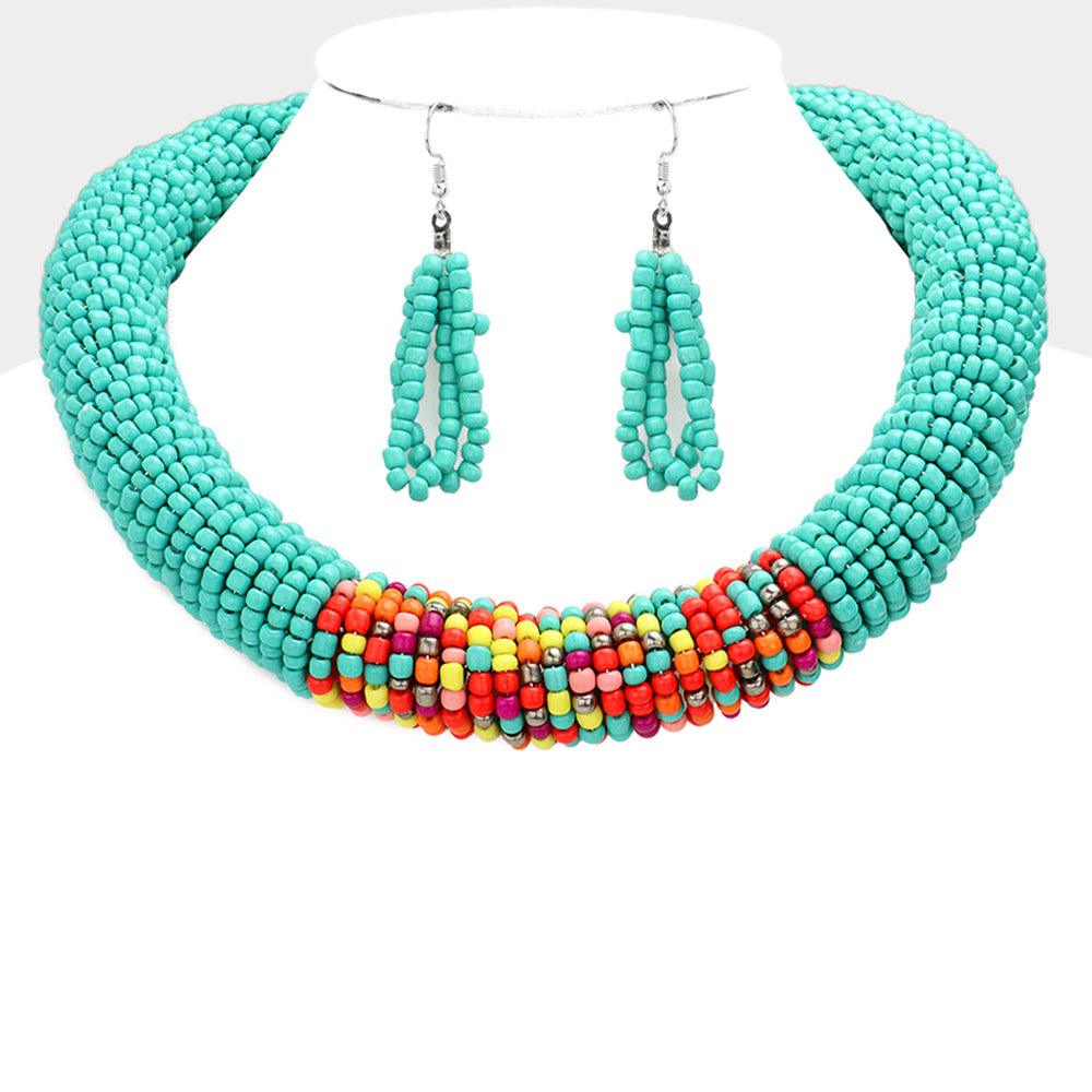 Turquoise Seed Beaded Collar Necklace