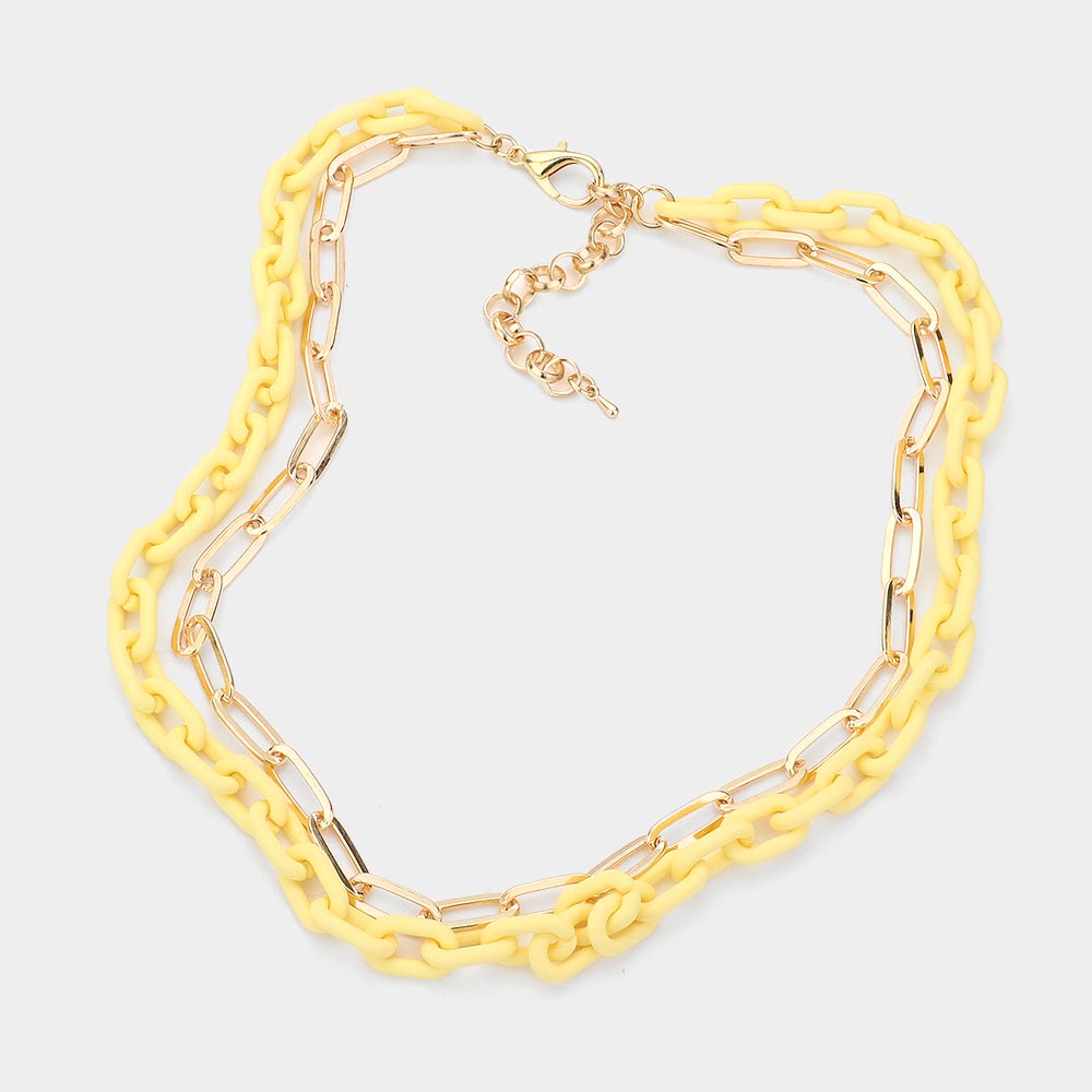 Yellow Colored Chain Paper Clip Metal Chain Layered Necklace