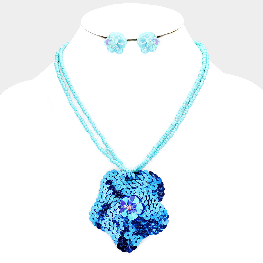 Blue Sequin Cluster Flower Seed Beaded Necklace
