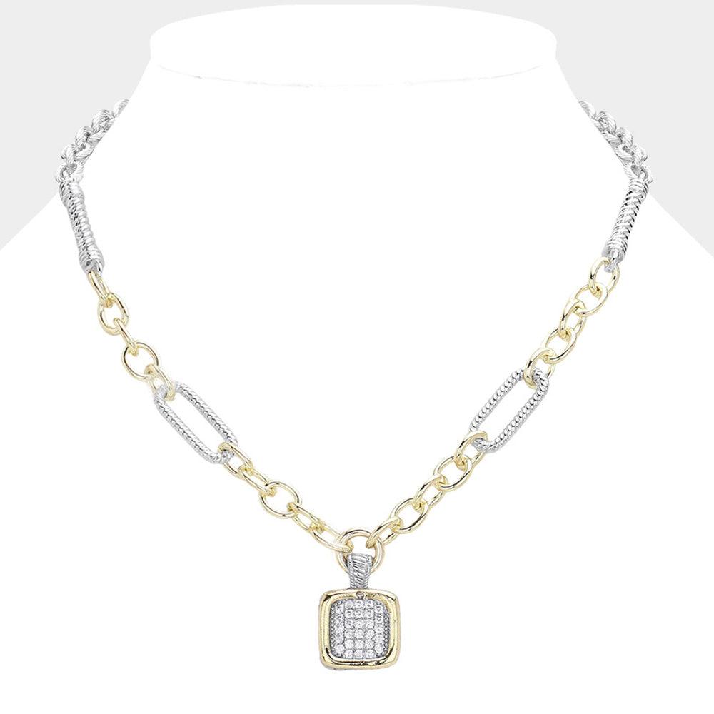 Gold 14K Gold Plated CZ Stone Paved Square Pendant Necklace