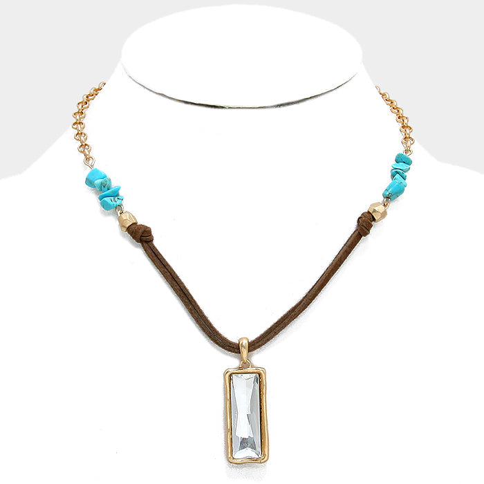 Turquoise Rectangle Crystal Drop Suede Necklace with Turquoise Stones