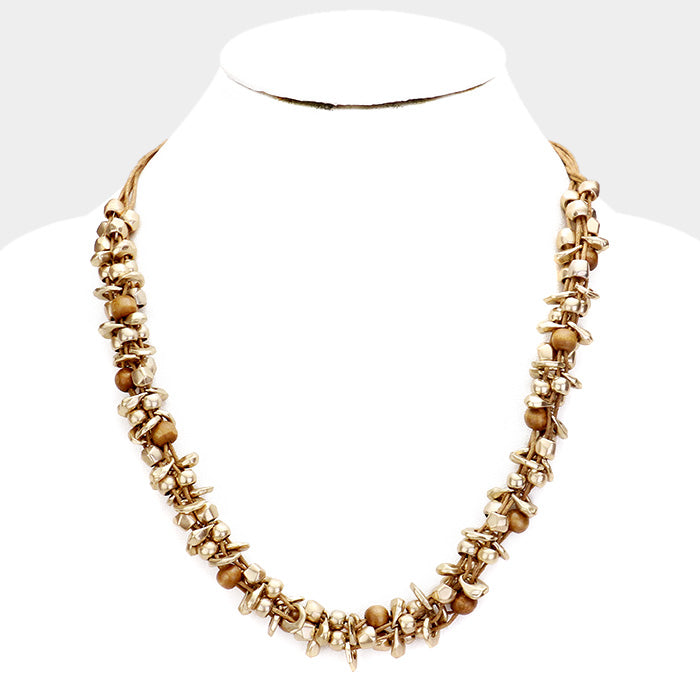 Gold Abstract Metal Wood Cluster Suede Necklace