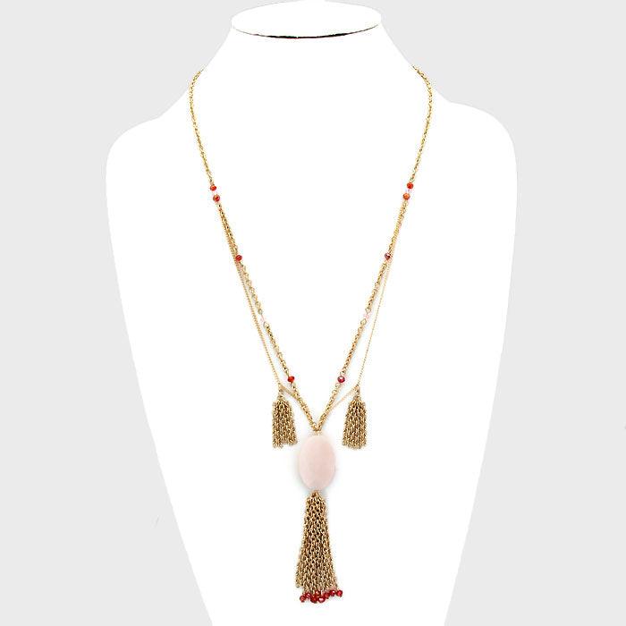 Pink Oval Stone Accented Tassel Drop Necklace