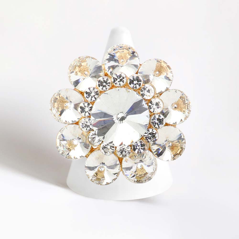 Gold Round Crystal Flower Stretch Ring