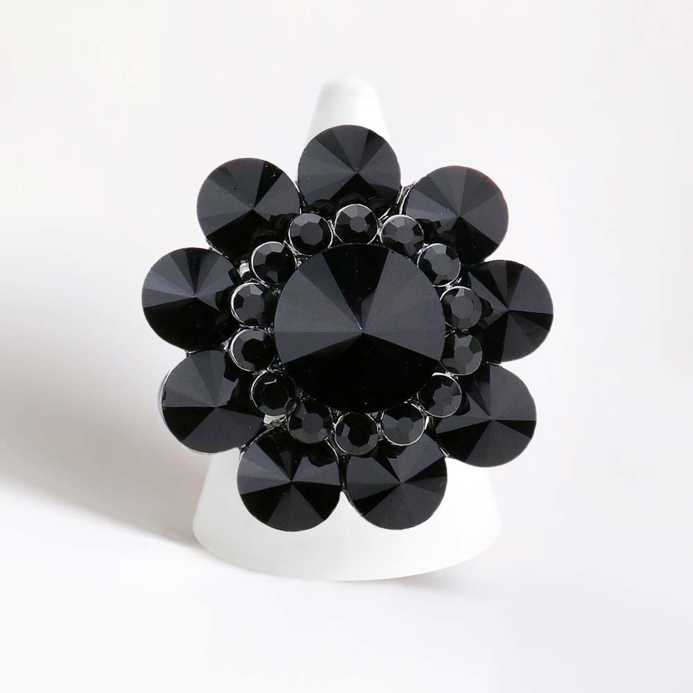 Black Round Crystal Flower Stretch Ring