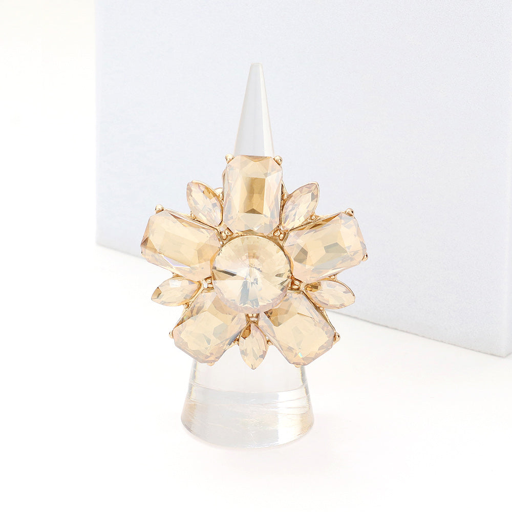 Gold Crystal Flower Stone Cluster Stretch Ring