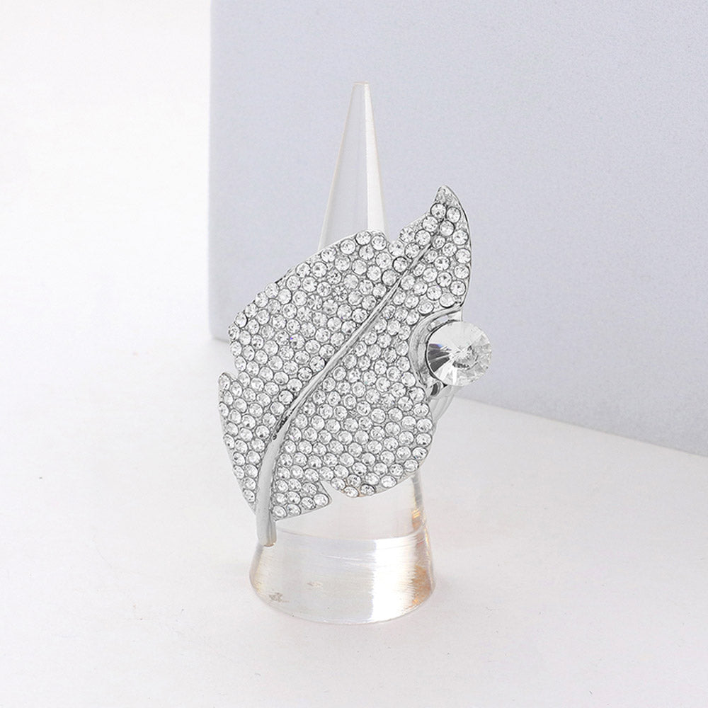 Silver Round Stone Accented Rhinestone Embellished Leaf Stretch Ring