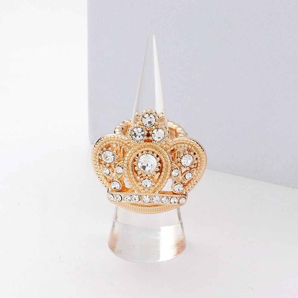 Gold Round Stone Accented Rhinestone Embellished Crown Stretch Ring