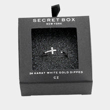 Load image into Gallery viewer, White Secret Box 24k White Gold Dipped CZ Cross Ring
