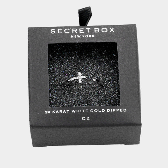 White Secret Box 24k White Gold Dipped CZ Cross Ring