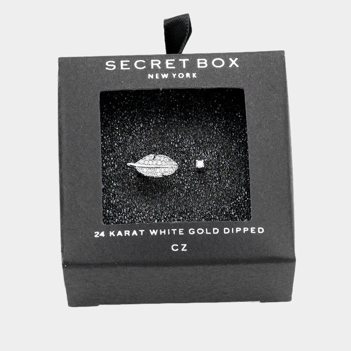 White Secret Box 24k White Gold Dipped CZ Leaf Ring
