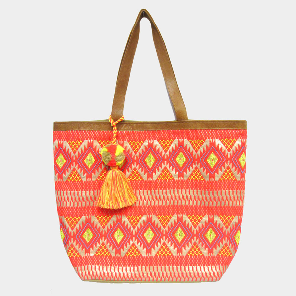 Aztec Patterned PomTassel Tote Bag