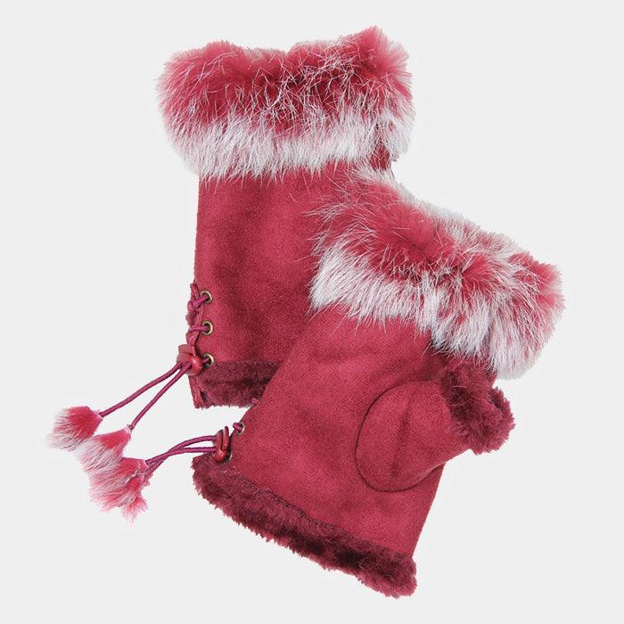 Burgundy Fingerless Fur Trim Gloves