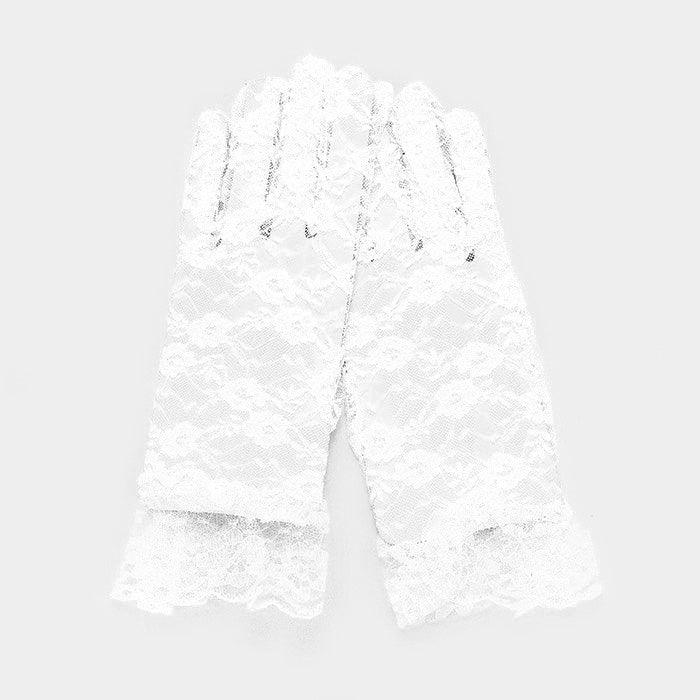 White Dressy Floral Lace Wedding Gloves