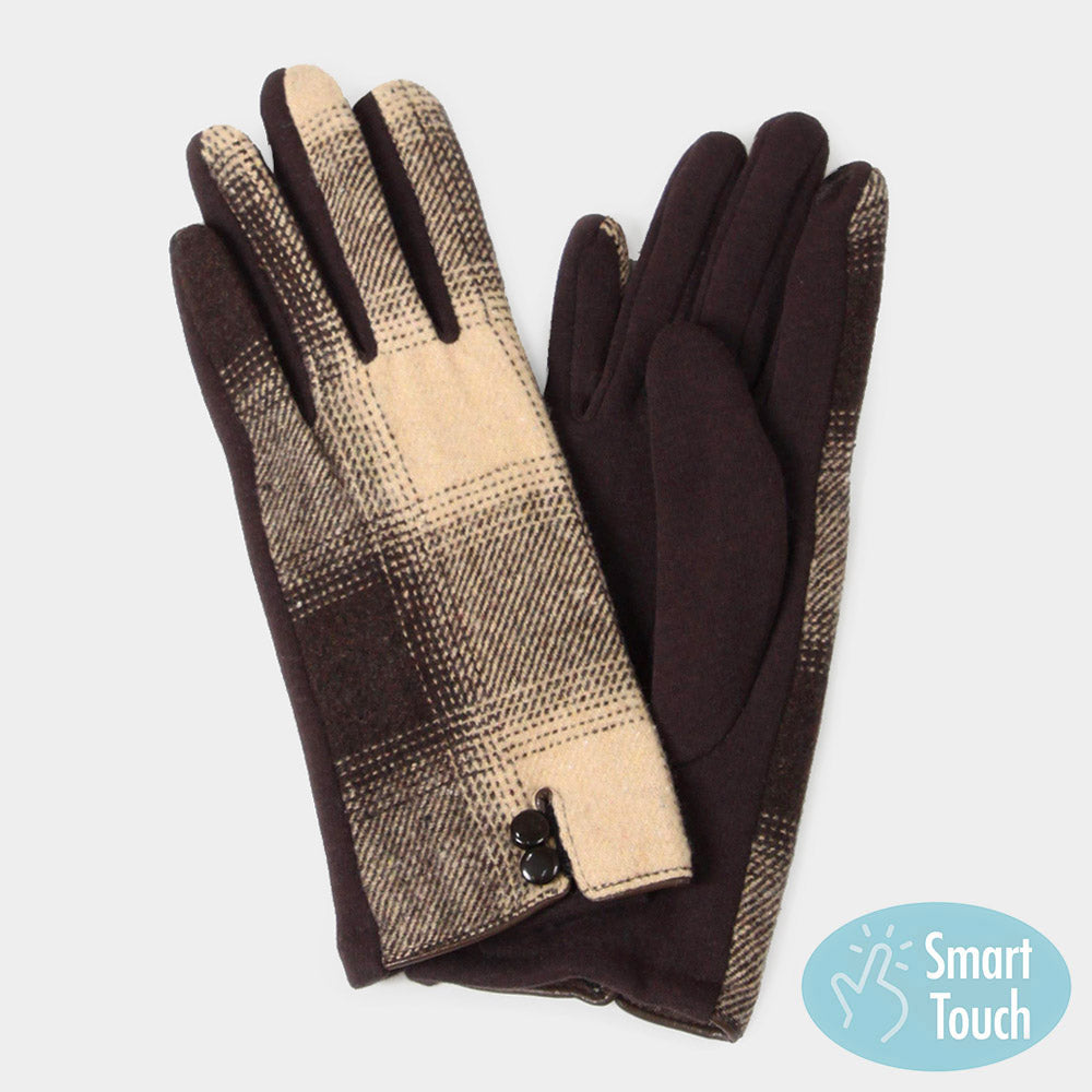 Beige Buffalo Check Patterned Touch Smart Gloves