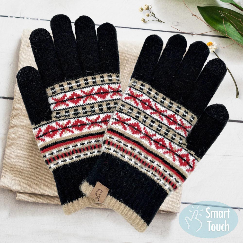 Black Aztec Patterned Knit Smart Gloves