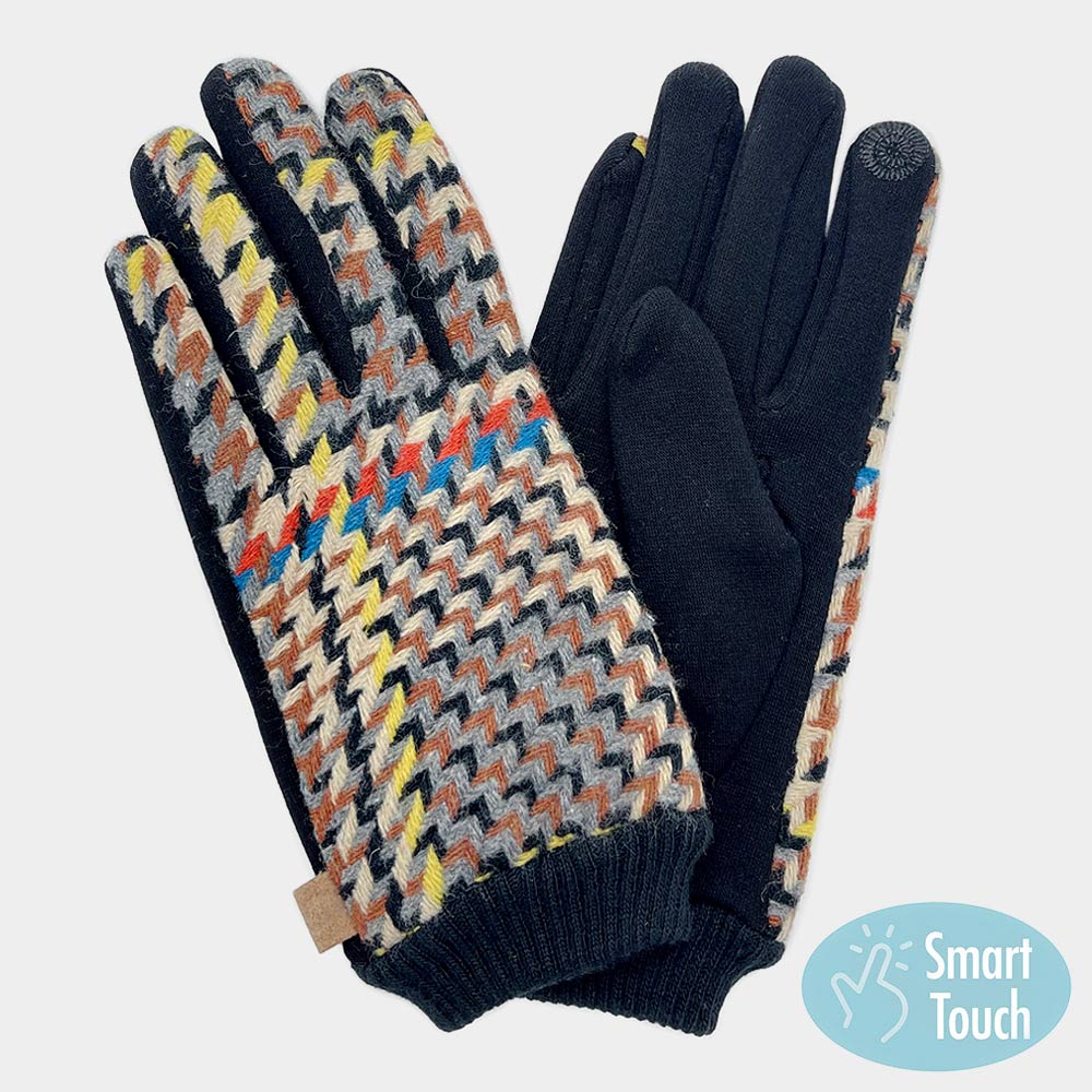 Beige Houndstooth Patterned Smart Gloves