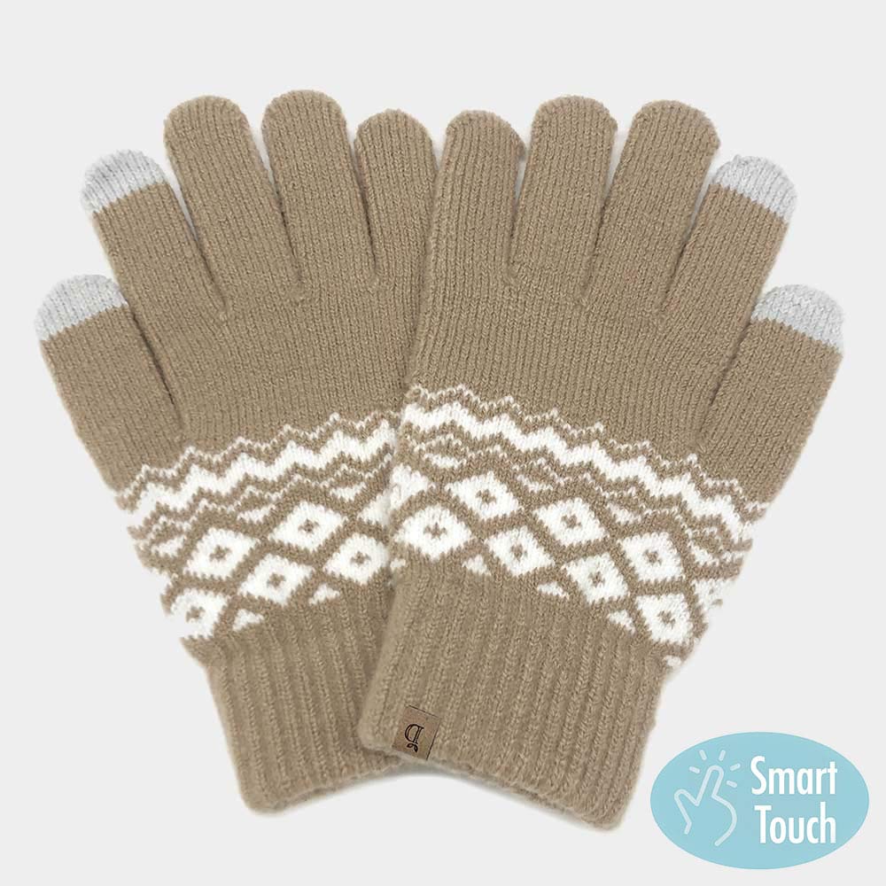 Beige Geometric Patterned Knit Smart Gloves