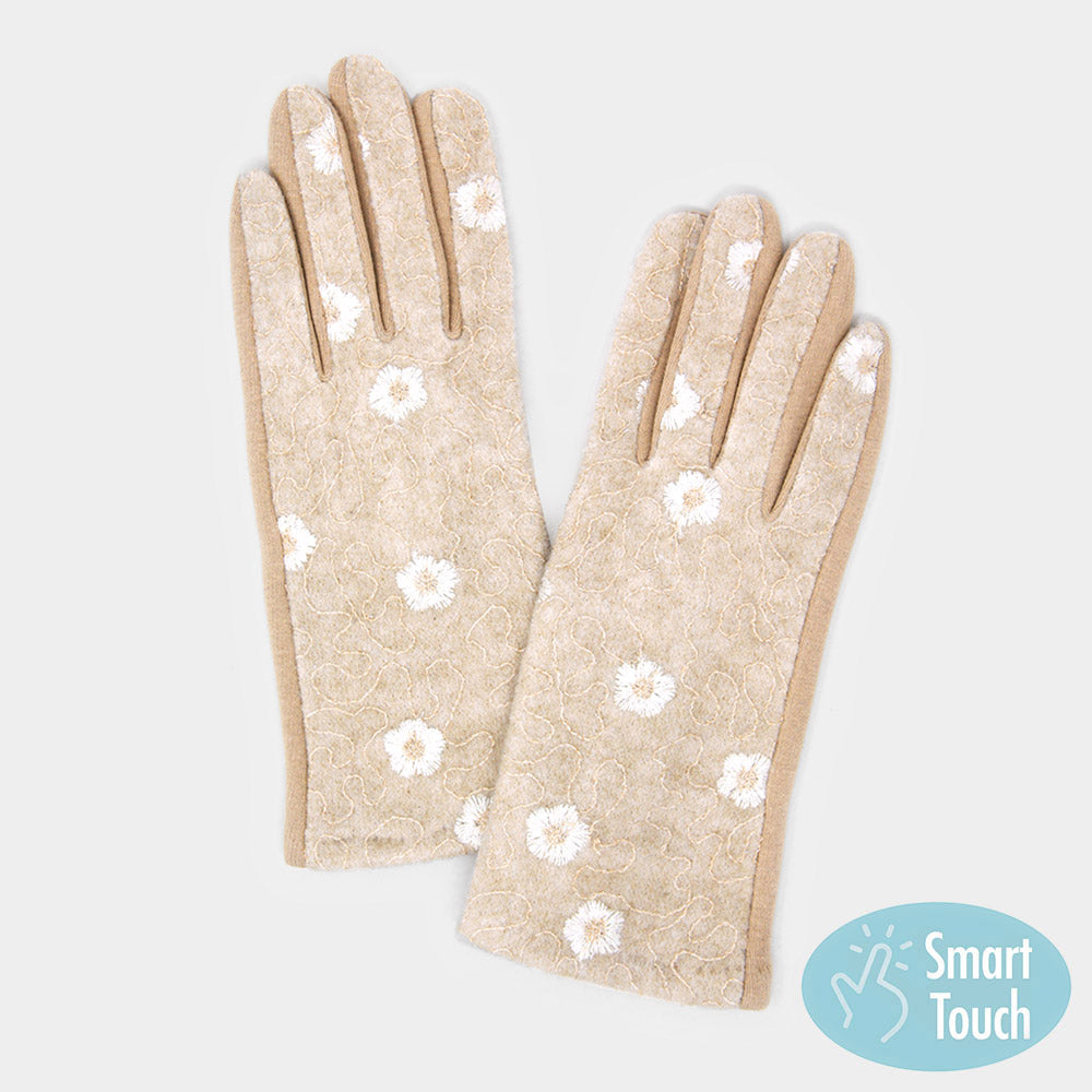 Beige Embroidery Flower Stitches Smart Gloves