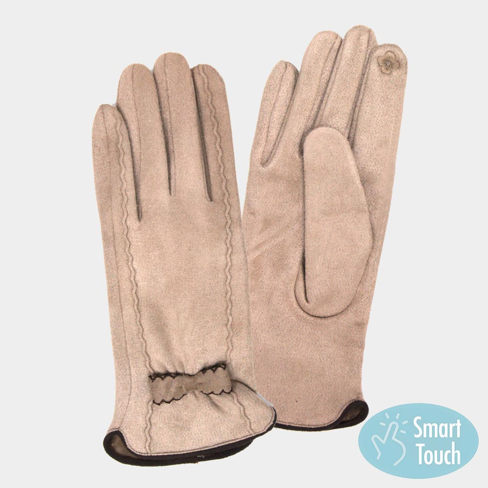 Beige Stitches Bow Accented Soft Faux Suede Smart Gloves