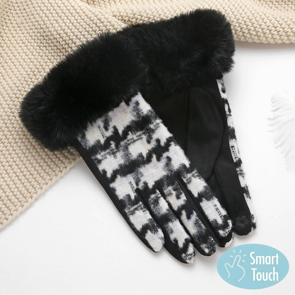 Black Big Houndtooth With Faux Fur Smart Touch Gloves