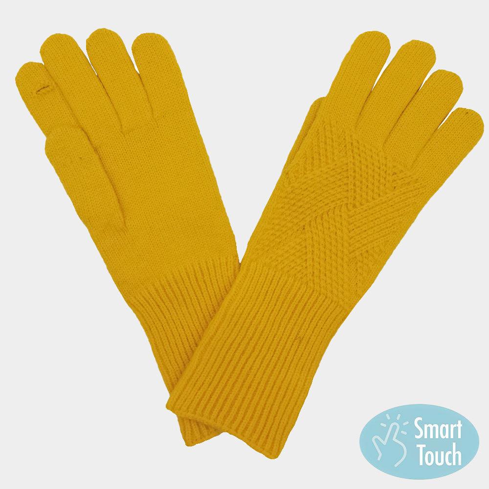 Yellow Solid Criss Cross Knit Smart Touch Gloves