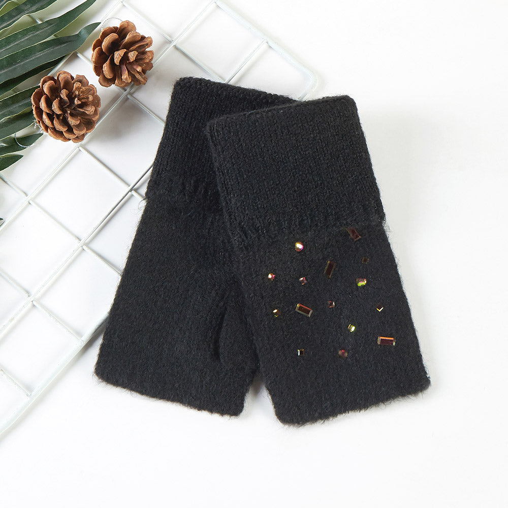 Black Bling Stone Embellished Knit Fingerless Gloves