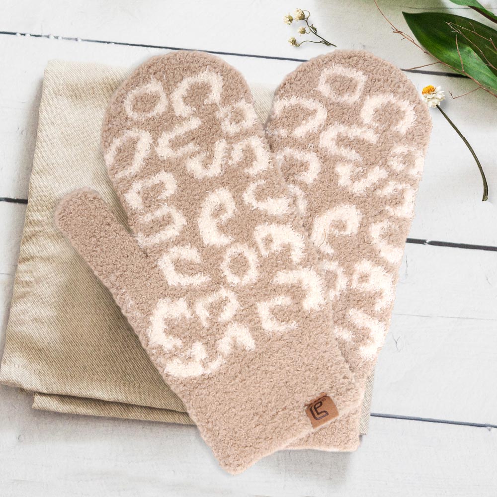 Beige Soft Fuzzy Leopard Mitten Gloves