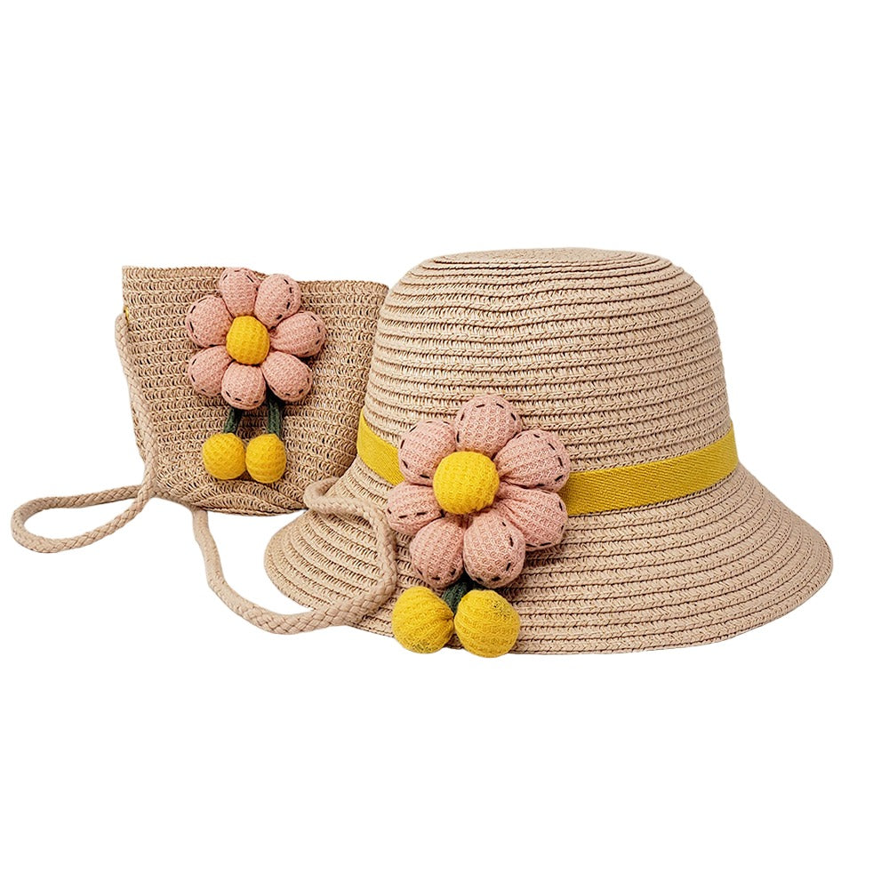 2 Pack Flower Accented Straw Kids Sun Hat Crossbody Bag Set