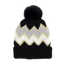 Load image into Gallery viewer, Zigzag Chevron Patterned Fuzzy Fleece Pom Pom Beanie Hat
