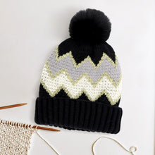 Load image into Gallery viewer, Zigzag Chevron Patterned Fuzzy Fleece Pom Pom Beanie Hat
