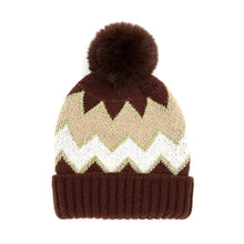 Load image into Gallery viewer, Zigzag Chevron Patterned Fuzzy Fleece Pom Pom Beanie Hat
