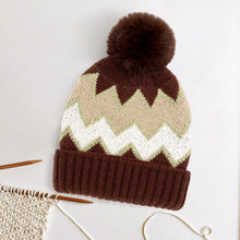 Load image into Gallery viewer, Zigzag Chevron Patterned Fuzzy Fleece Pom Pom Beanie Hat
