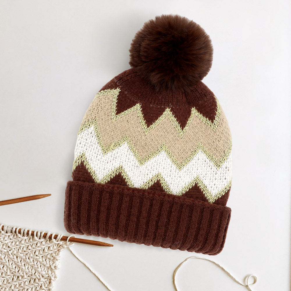 Zigzag Chevron Patterned Fuzzy Fleece Pom Pom Beanie Hat