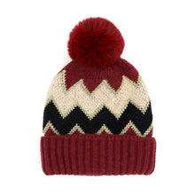 Load image into Gallery viewer, Zigzag Chevron Patterned Fuzzy Fleece Pom Pom Beanie Hat
