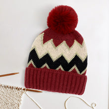 Load image into Gallery viewer, Zigzag Chevron Patterned Fuzzy Fleece Pom Pom Beanie Hat
