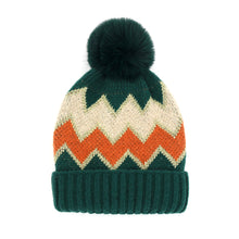 Load image into Gallery viewer, Zigzag Chevron Patterned Fuzzy Fleece Pom Pom Beanie Hat
