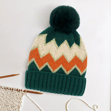 Load image into Gallery viewer, Zigzag Chevron Patterned Fuzzy Fleece Pom Pom Beanie Hat
