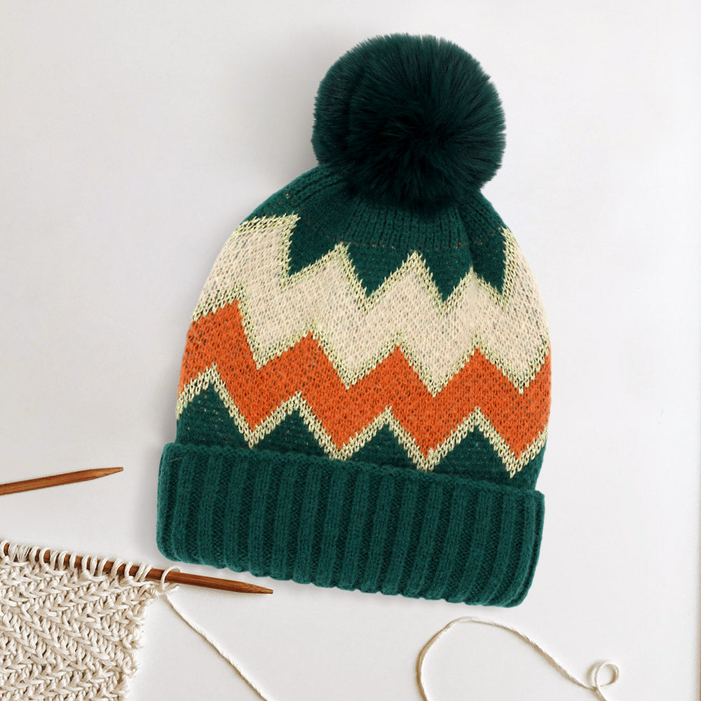 Zigzag Chevron Patterned Fuzzy Fleece Pom Pom Beanie Hat