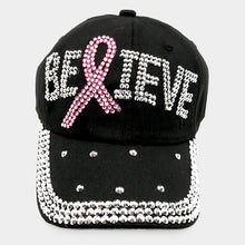 Load image into Gallery viewer, Bling Pink Ribbon Believe Message Baseball Cap
