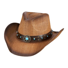 Load image into Gallery viewer, Turquoise Stone Western Flower Pointed Faux Leather Straw Cowboy Hat
