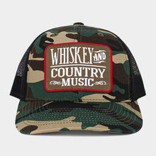Load image into Gallery viewer, Whiskey and Country Music Message Camouflage Patterned Mesh Back Baseball Cap
