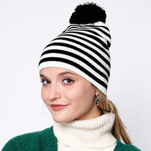 Load image into Gallery viewer, Two Tone Striped Pom Pom Beanie Hat
